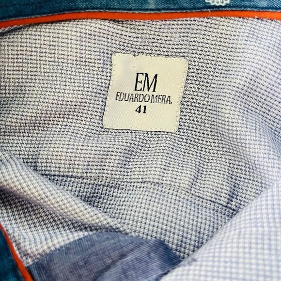 EM Eduardo Mera blue  check button front shirt, contrasting inner collar & cuffs - Picture 7 of 8